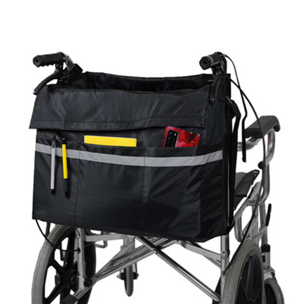 Multi-Pocket Wheelchair Storage Bag with Reflective Strip - Shoulder Hanging Pouch for Wheelchairs