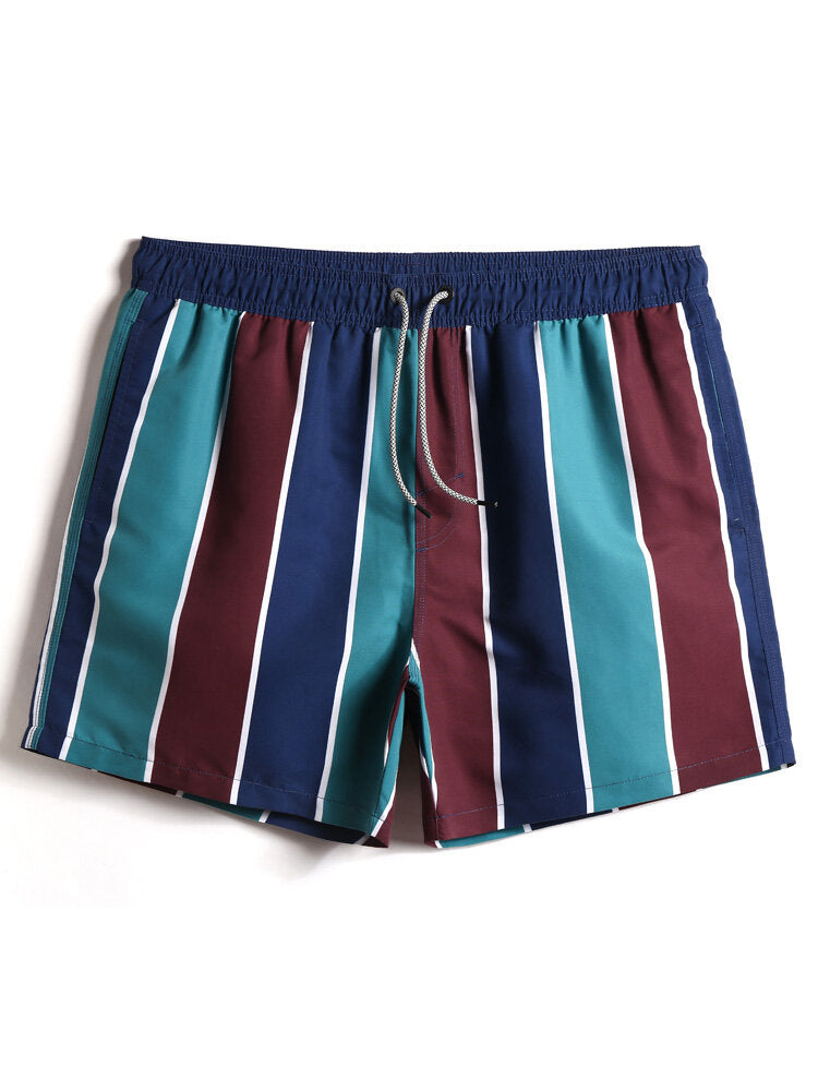 Men's Striped Quick-Dry Beach Shorts with Drawstring and Pocket