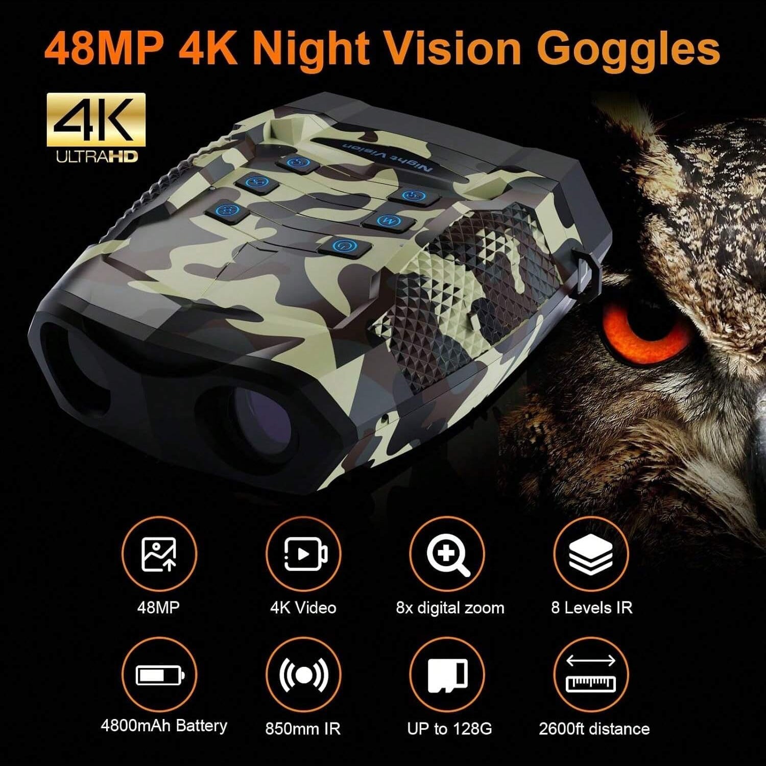 48MP 4K Night Vision Goggles, Digital Infrared Binoculars with 8X Zoom, 2000FT Range, 3'' Screen, 8 IR Levels for Camping, Hiking, Hunting