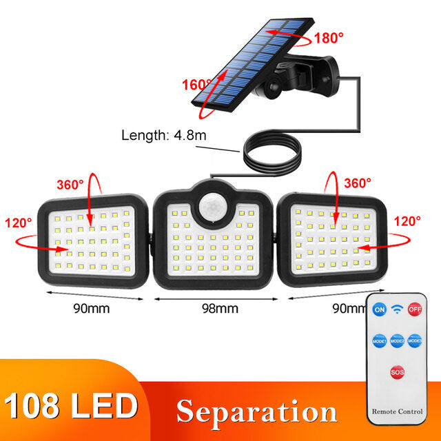 108/122/138/171 LED Solar Lights - 3 Head Motion Sensor, 270 Degree Wide Angle, Waterproof, Remote Control Wall Lamp