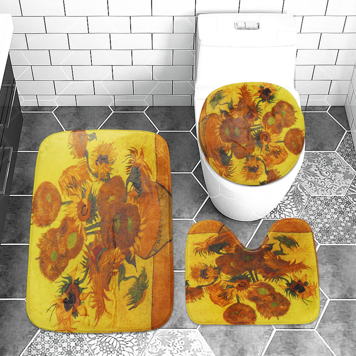 180x180cm Sunflower Shower Curtain Set - Waterproof Fabric with Toilet Lid Cover Mat