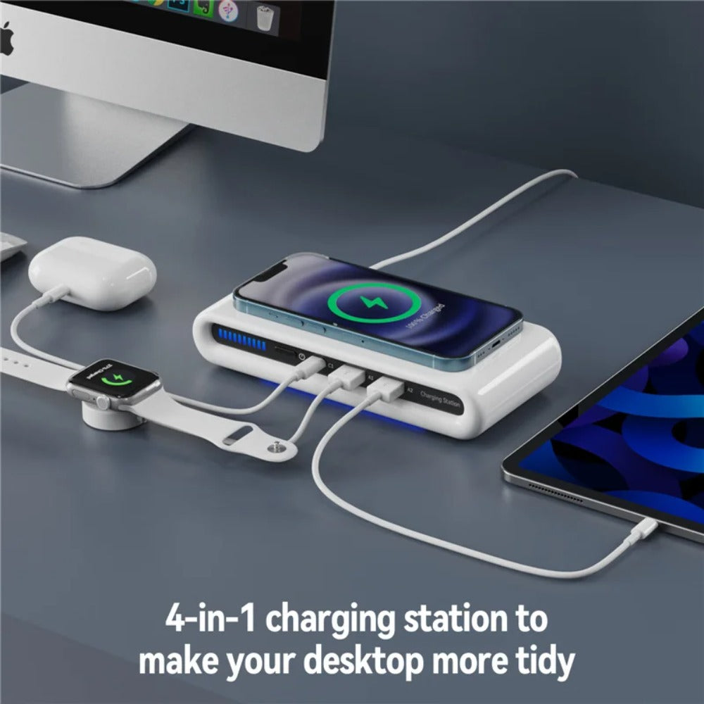 4-in-1 Wireless Charger Stand with LED Light, Type-C PD USB for iPhone, Samsung, Xiaomi Devices