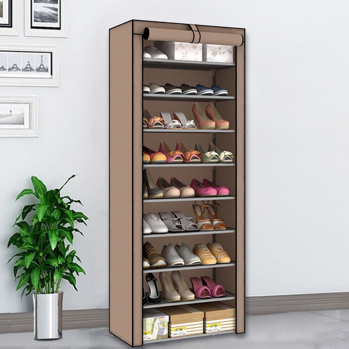 10-Tier Shoe Rack with 9 Lattices, Storage Closet Organizer Cabinet, Dust Cover Included