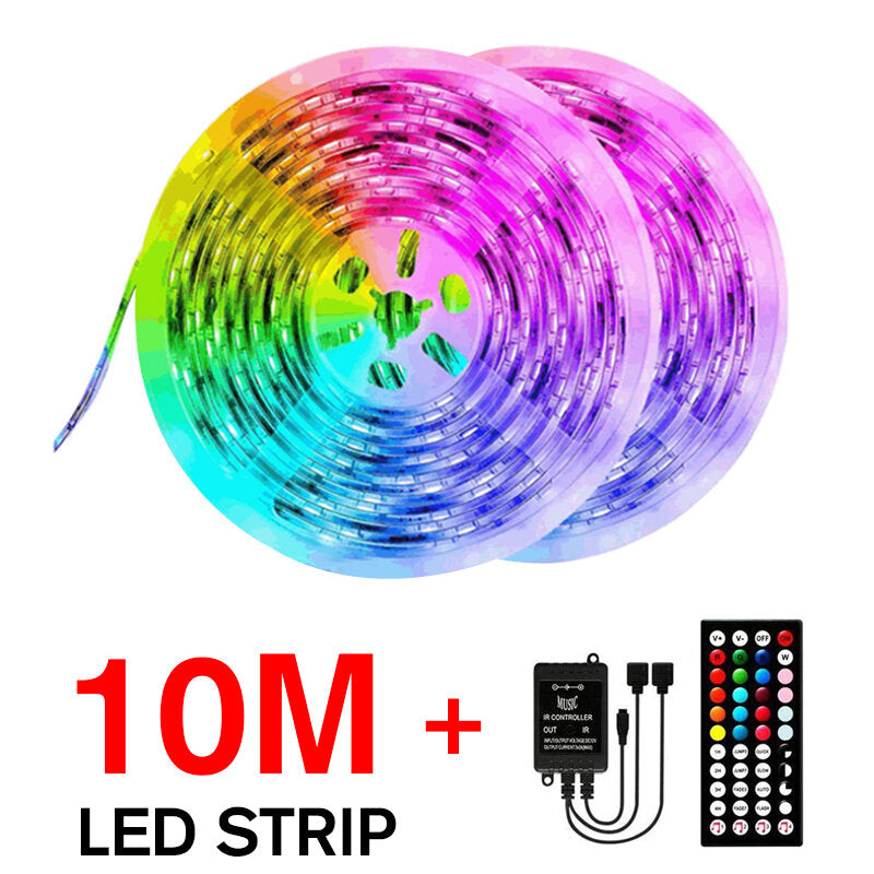 5M/10M 3528 SMD RGB LED Strip Light with Music Sync, Non-Waterproof, 44-Key IR Remote Controller Included