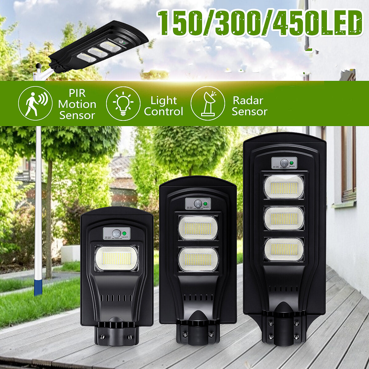 150/300/450 LED Solar Street Lamp, Black Shell, 2835SMD, Waterproof, PIR Motion Sensor, Garden Lighting