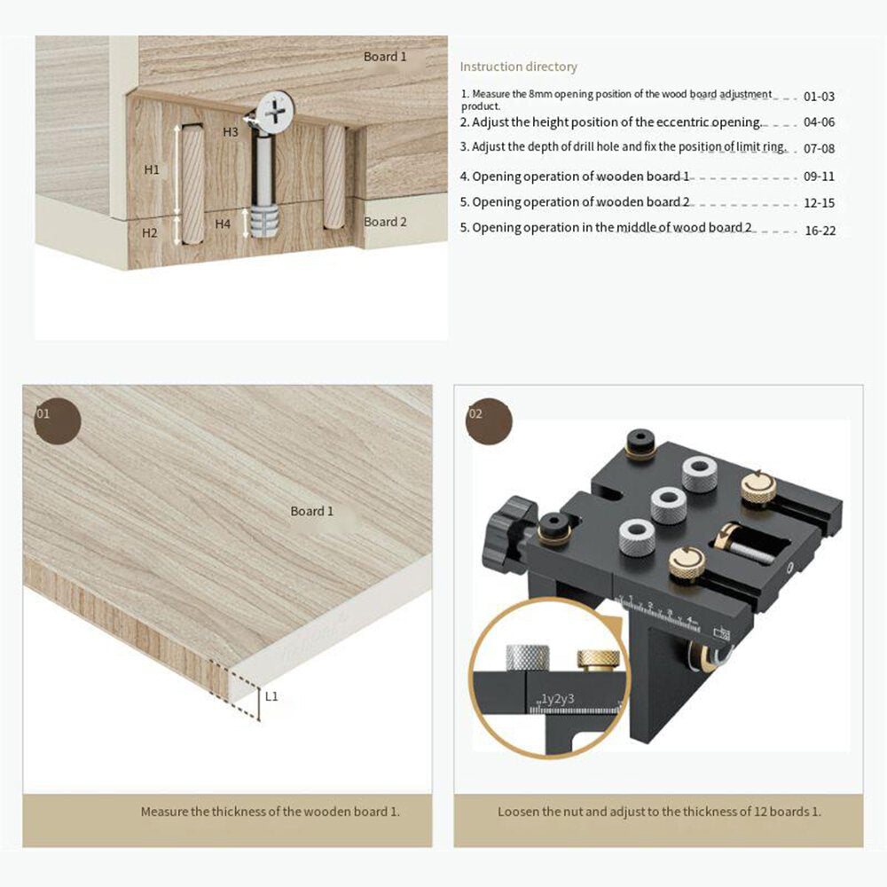 3-in-1-Set verstellbarer Dübellehren-Satz für die Holzbearbeitung: Taschenlochlehre, Bohrführung, Zapfenlochstanzer, 6/8/10/15 mm