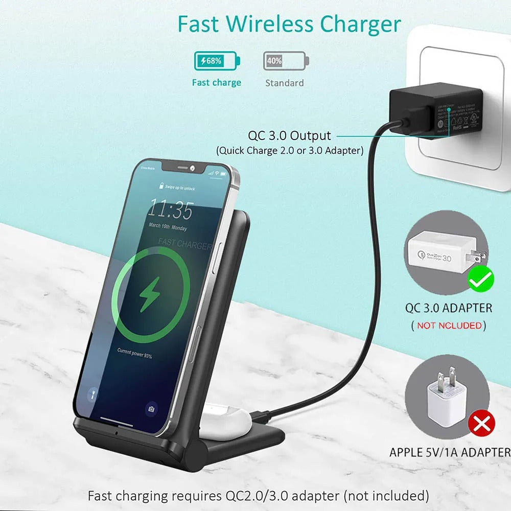 25W 2-in-1 Wireless Charger Dock for iPhone & Samsung - Fast Foldable Stand