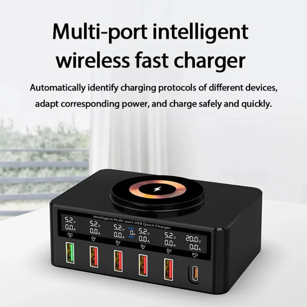 65W 6-Port USB PD Charger, Fast Wireless Charging Station for iPhone, Huawei, Xiaomi, Samsung