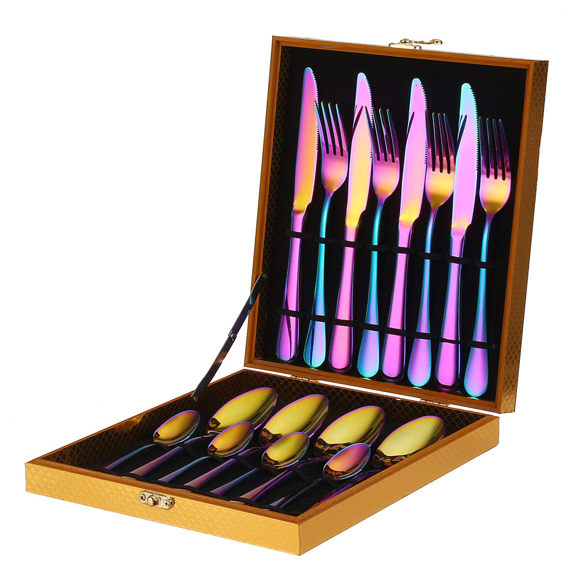 16PCS Stainless Steel Rainbow Cutlery Set - Forks, Spoons, Dinnerware with Storage Box