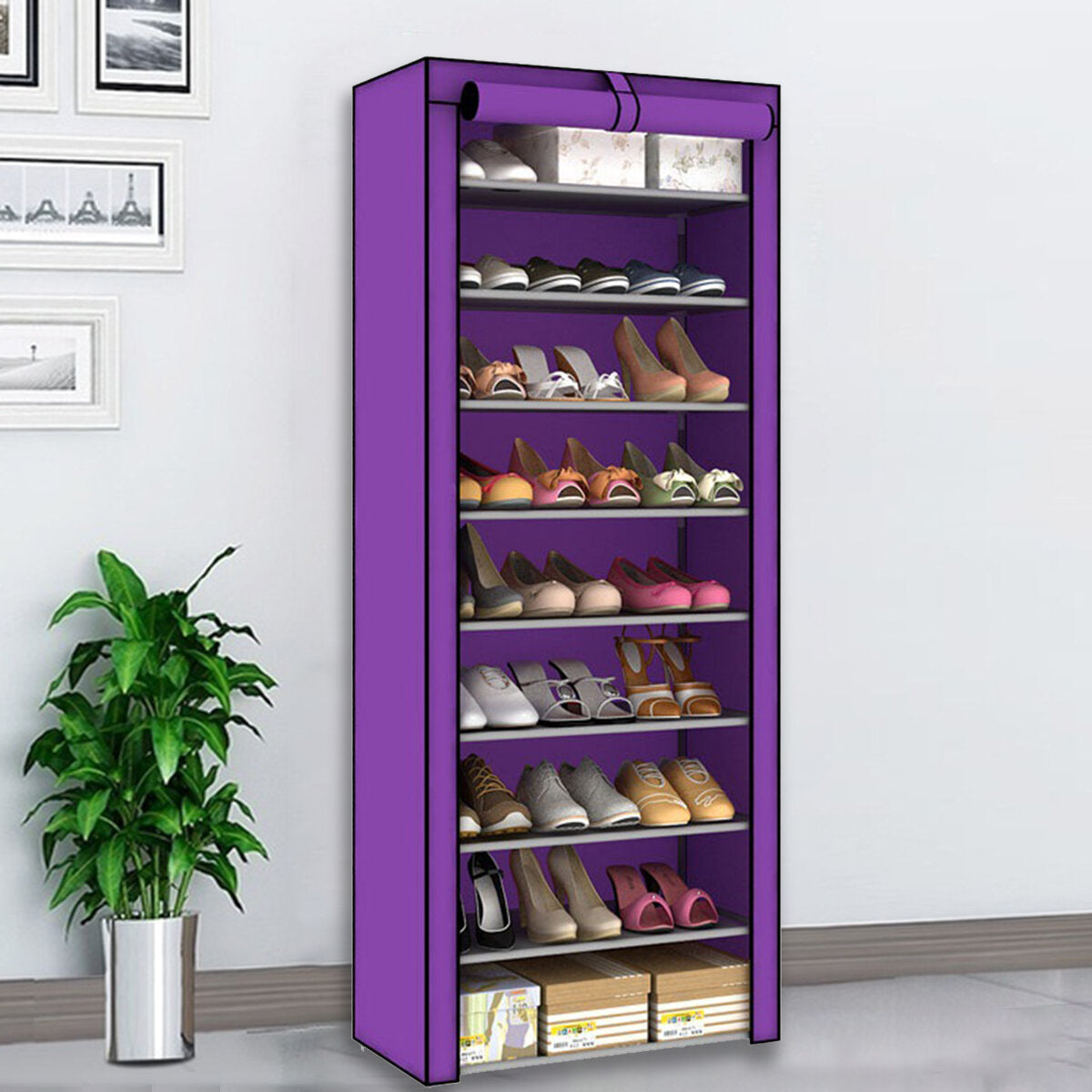 10-Tier Shoe Rack with 9 Lattices, Storage Closet Organizer Cabinet, Dust Cover Included