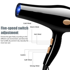 2200W Hair Dryer with 5-Speed Adjustment, Thermostatic Control, Blue-ray Diffuser, and Comb Kit