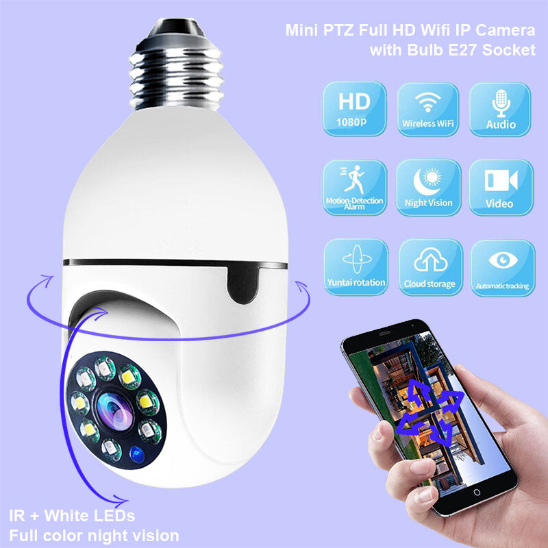 2MP Mini PTZ Full HD WiFi IP Camera with E27 Bulb Socket, Night Vision, Cloud Storage, Speed Dome for Smart Home Security