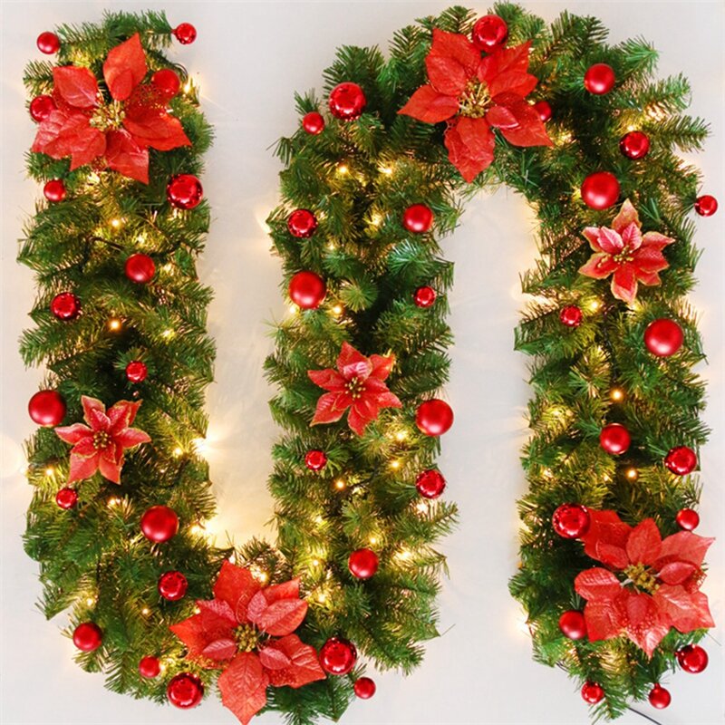 2.7M LED Christmas Rattan Garland - Green Artificial Xmas Tree Decoration Wreath