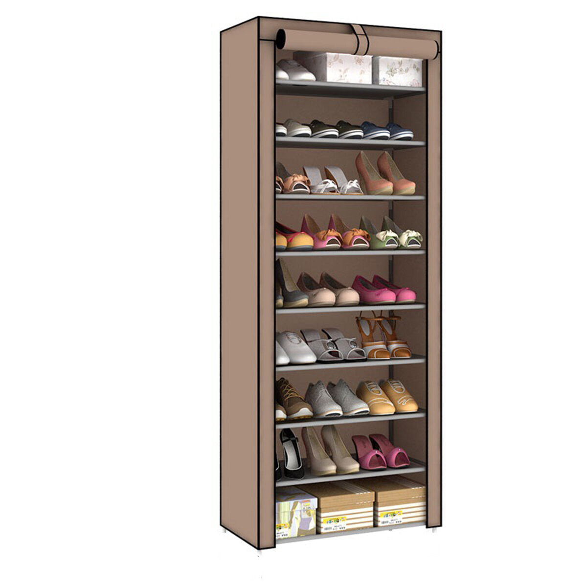 10-Tier Shoe Rack with 9 Lattices, Storage Closet Organizer Cabinet, Dust Cover Included