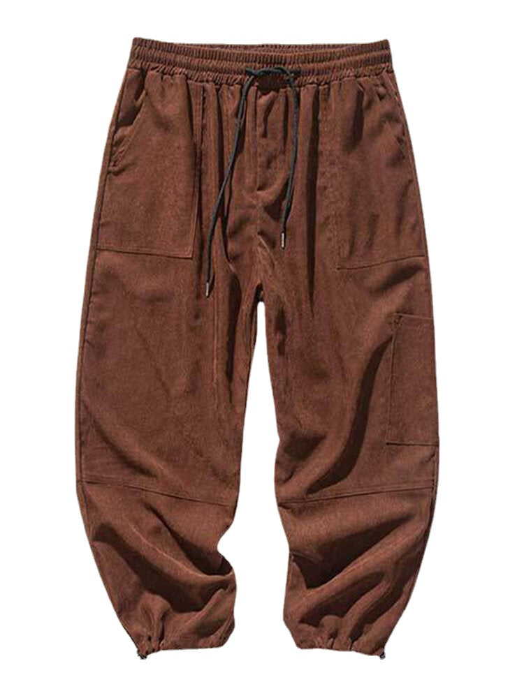 Men's Solid Color Multi-Pocket Mid-Waist Drawstring Cargo Pants