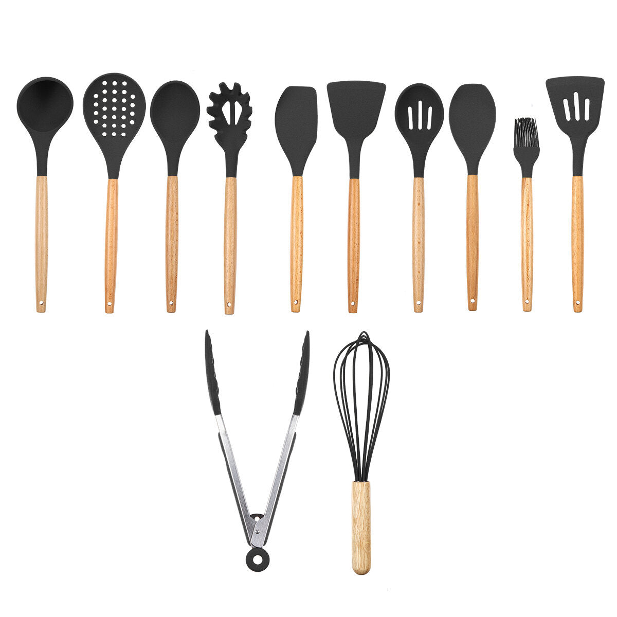 12pcs Wooden Silicone Kitchen Utensil Set - Nonstick Cooking Tools: Spoon, Ladle, Turner, Spatula, Tongs, Baking Gadgets