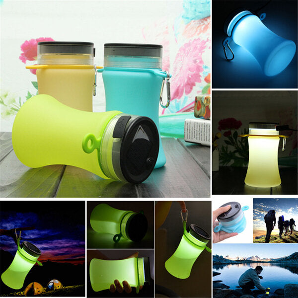 550ml Collapsible Silicone Waterproof Sport Water Bottle with Solar LED Camping Lantern and Solar Charger