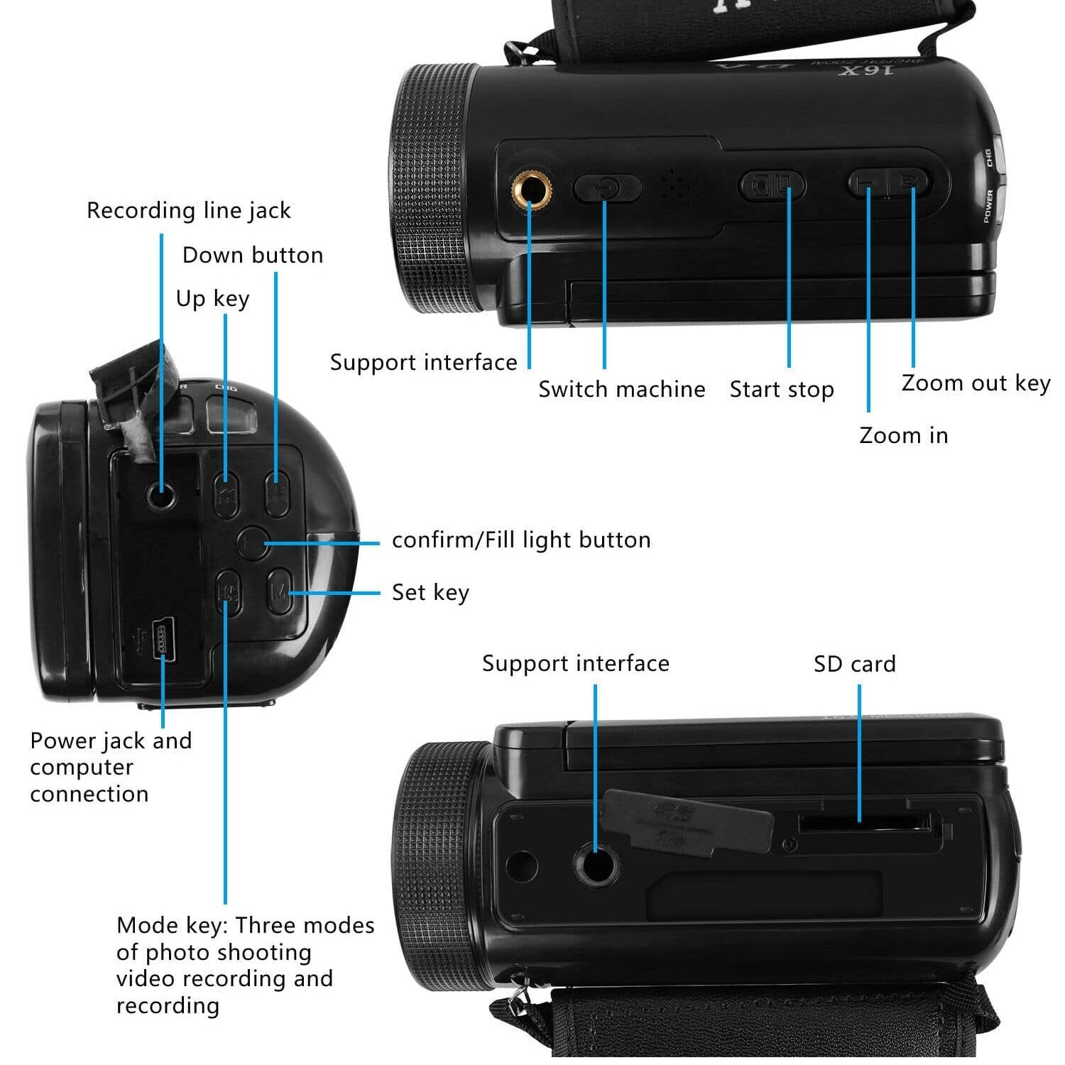 HD 1080P Digital-Videokamera Camcorder mit Mikrofon, 16MP Fotografie