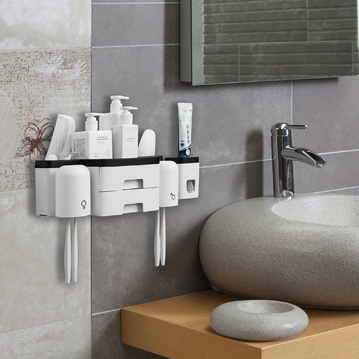 Wall-Mounted Toothbrush Rack with Mouthwash Cup, 2 Drawers, and Toothpaste Extruder - Hole-Free Installation