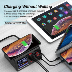 100W 8-Port USB PD Charger with QC3.0, 10W Wireless Pad for iPhone, Desktop Station by Hui