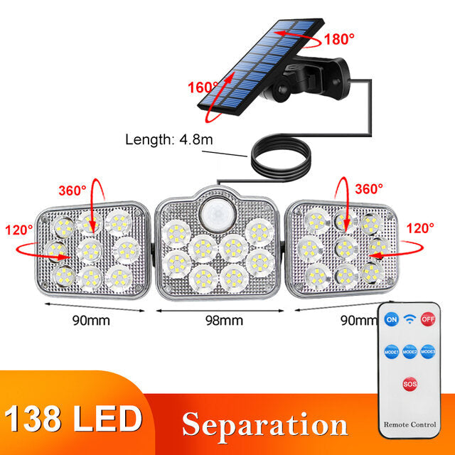 108/122/138/171 LED Solar Lights - 3 Head Motion Sensor, 270 Degree Wide Angle, Waterproof, Remote Control Wall Lamp