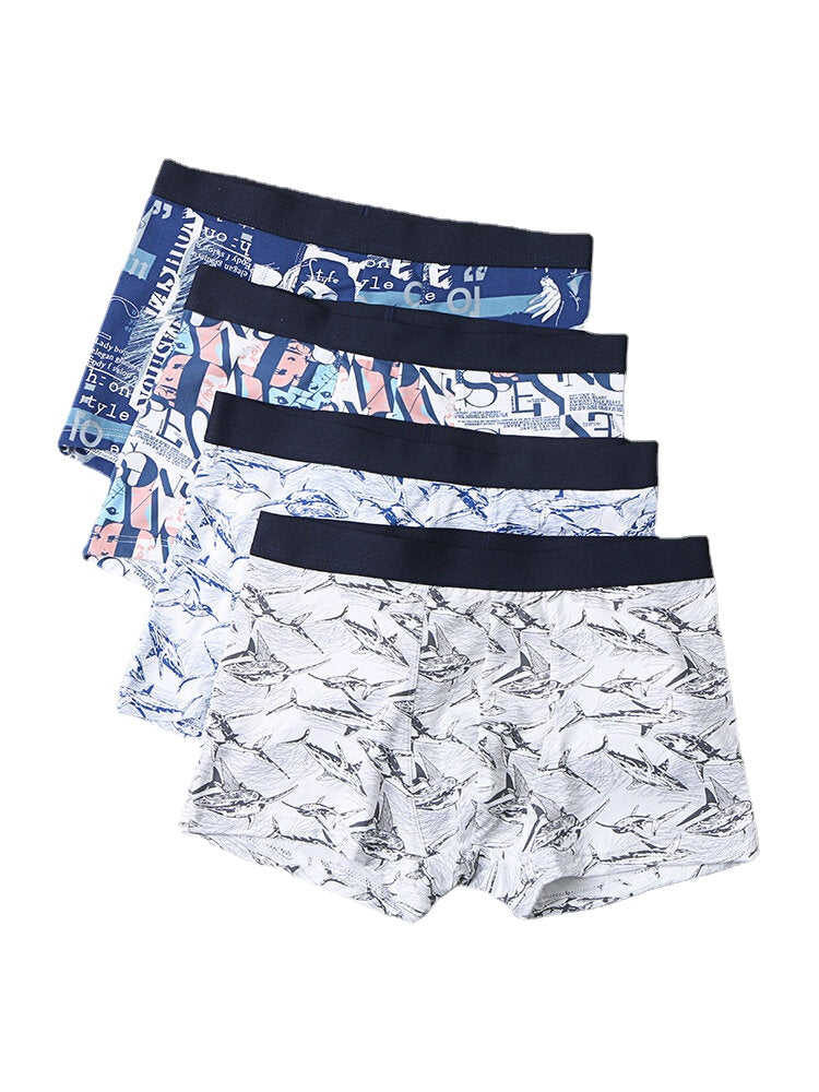 4-teiliges Set mit elastischen, atmungsaktiven Boyshorts für Herren mit mittlerer Taille und Aufdruck