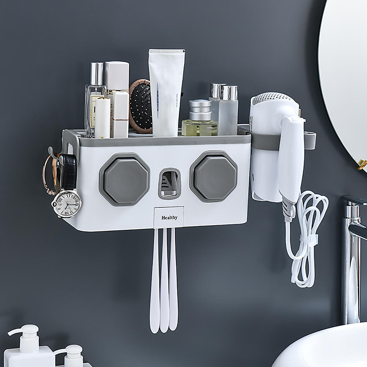 Multifunction Toothbrush Holder with Automatic Toothpaste Dispenser and Hair Dryer Rack