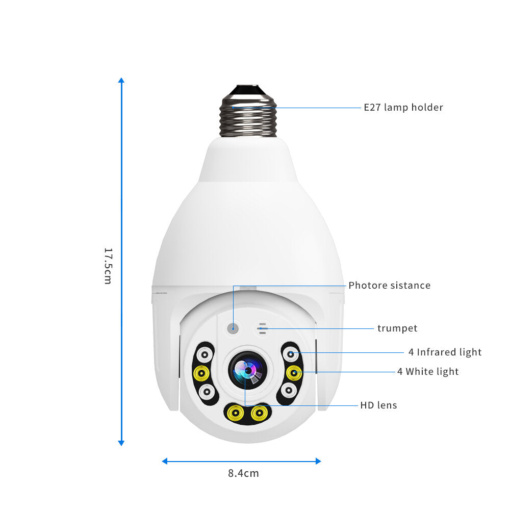 8 LED WiFi E27 Bulb Dome Camera PTZ AP Hotspot Dual Light Night Vision with Base & Remote Control