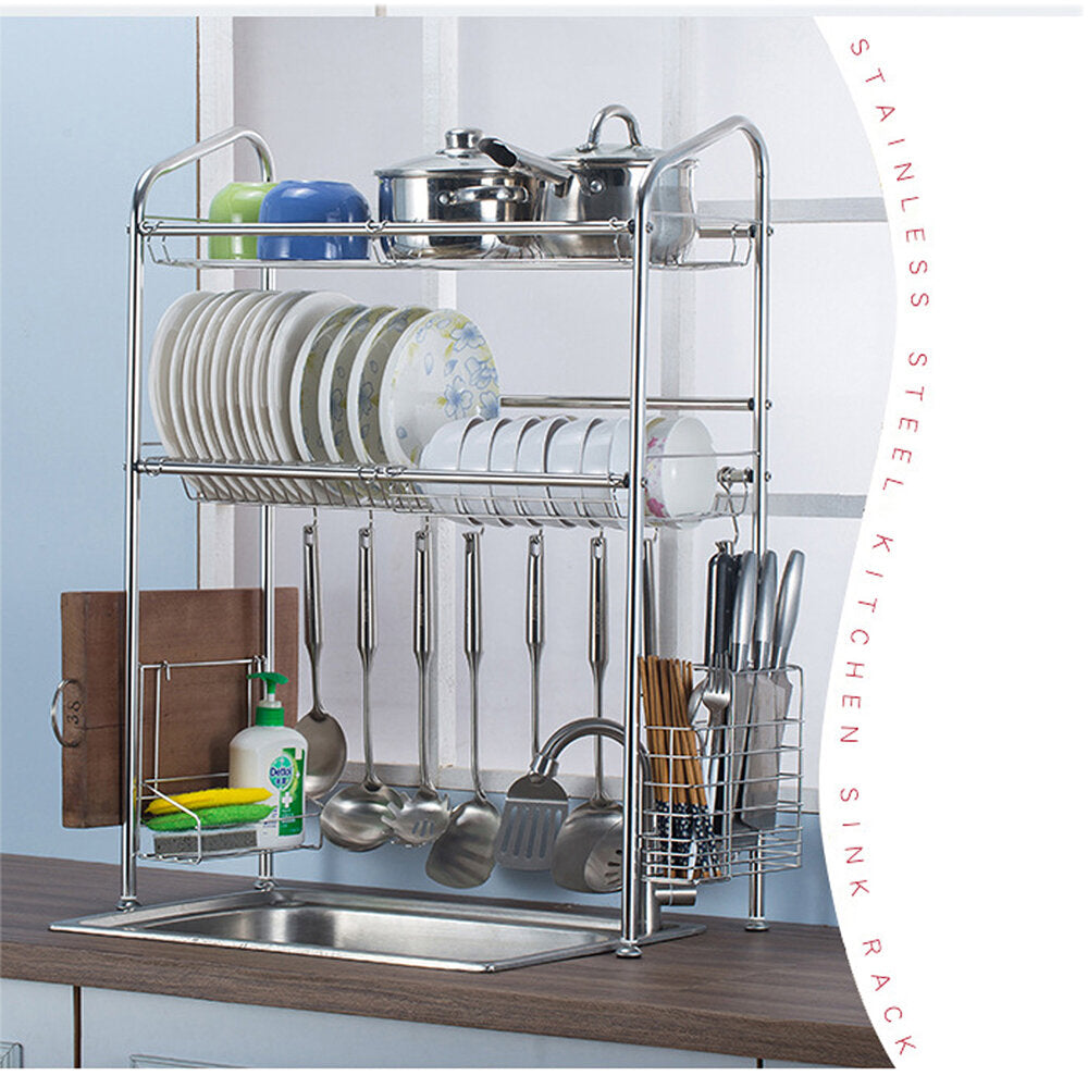 2-Tier Stainless Steel Dish Drainer Rack with Cutlery Holder & Drip Tray for Single Sink - Kitchen Tool