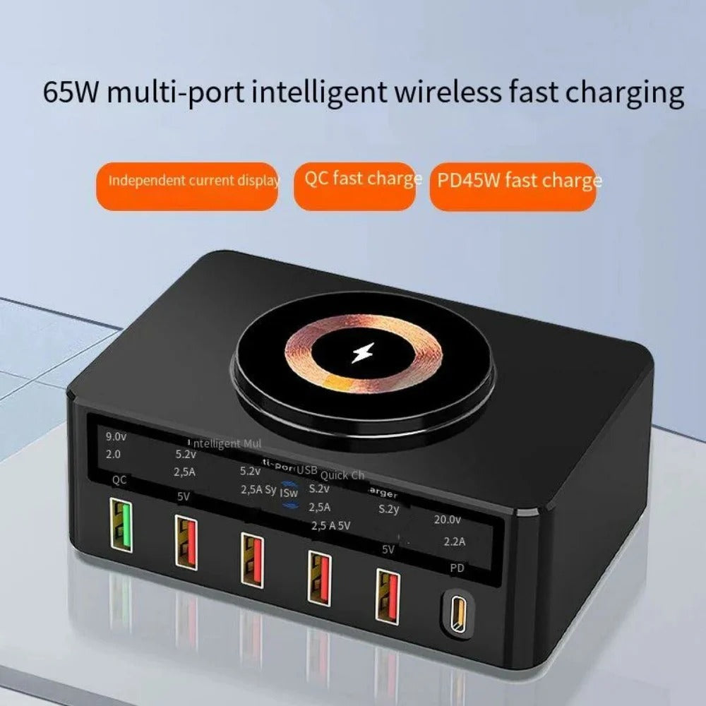 65W 6-Port USB PD Charger, Fast Wireless Charging Station for iPhone, Huawei, Xiaomi, Samsung