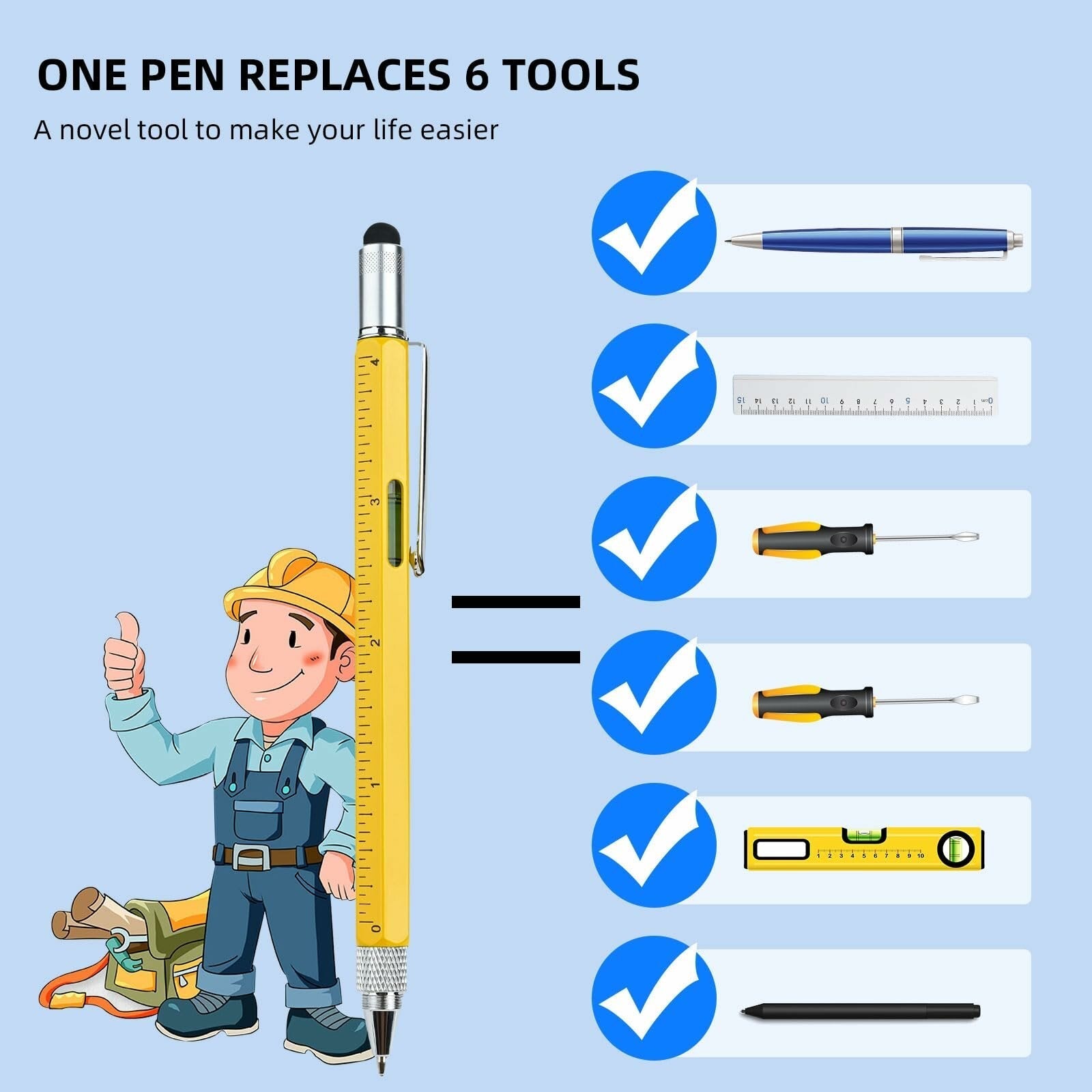 6-in-1 Multitool Pen: Stylus, Ruler, Level, Screwdriver - Perfect Gift with Refills