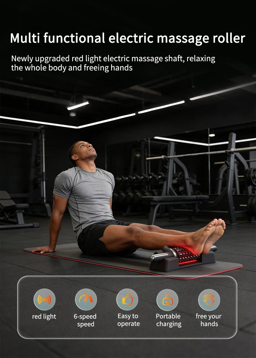 Electric Roller Massage Impactor 50x15cm | Red Light Therapy 660nm | 6-Speed Deep Muscle | TypeC Rechargeable 4000mAh | Full Body Massager