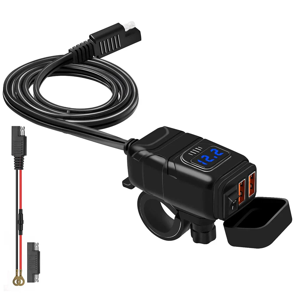 Waterproof QC3.0 Type C Motorcycle Phone Charger 6.4A 12V USB with Voltmeter