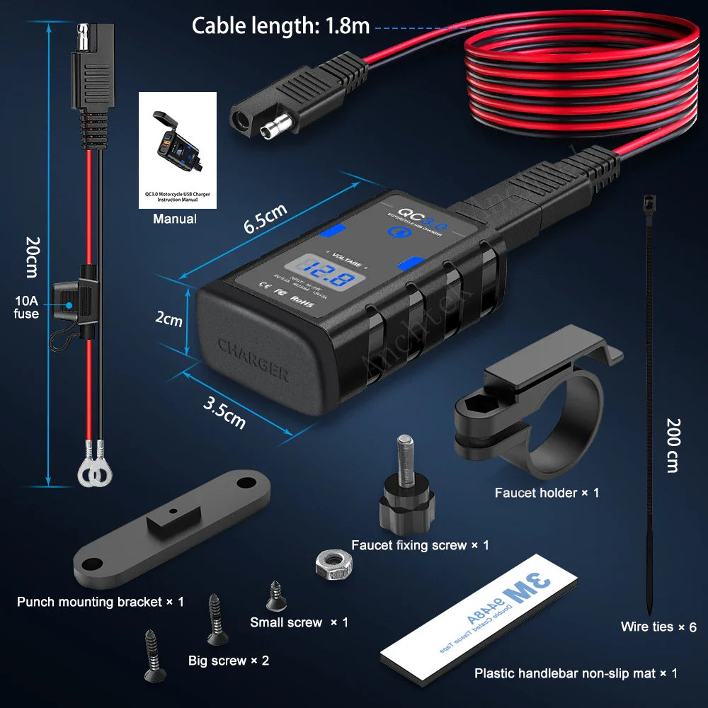 Waterproof QC3.0 Type C Motorcycle Phone Charger 6.4A 12V USB with Voltmeter