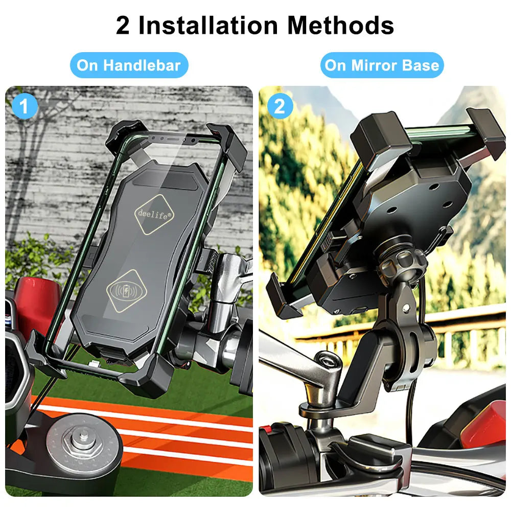 Motorcycle & Bicycle Phone Holder with USB & Wireless Charging