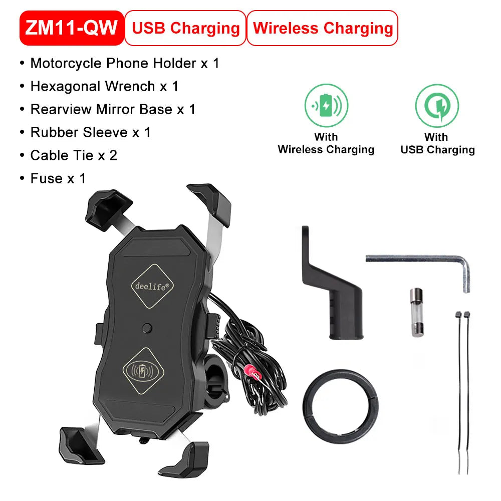 Motorcycle & Bicycle Phone Holder with USB & Wireless Charging