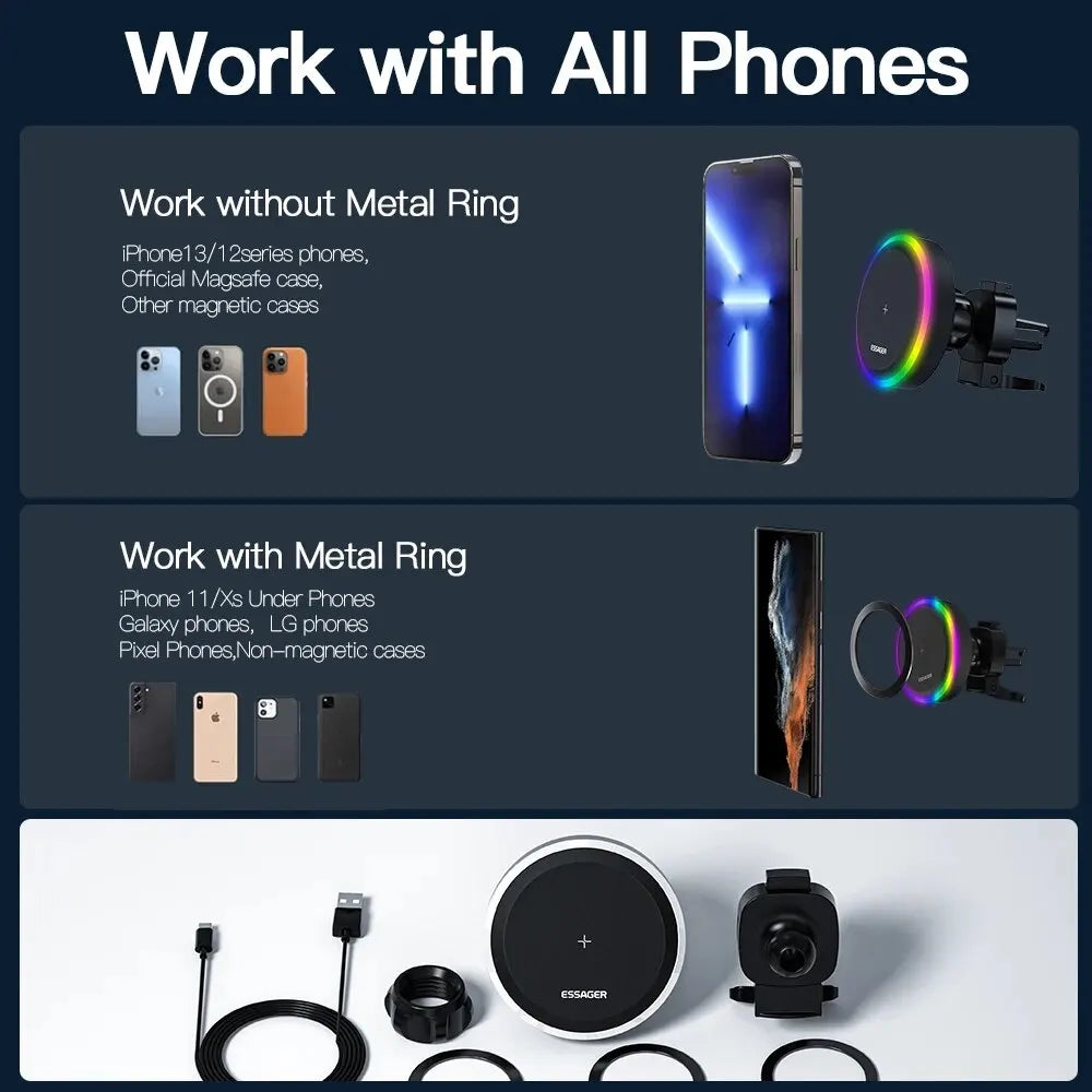 Magnetische Auto-Telefonhalterung und 15-W-Wireless-Ladegerät für iPhone 14/13 Pro Max, Samsung-Geräte