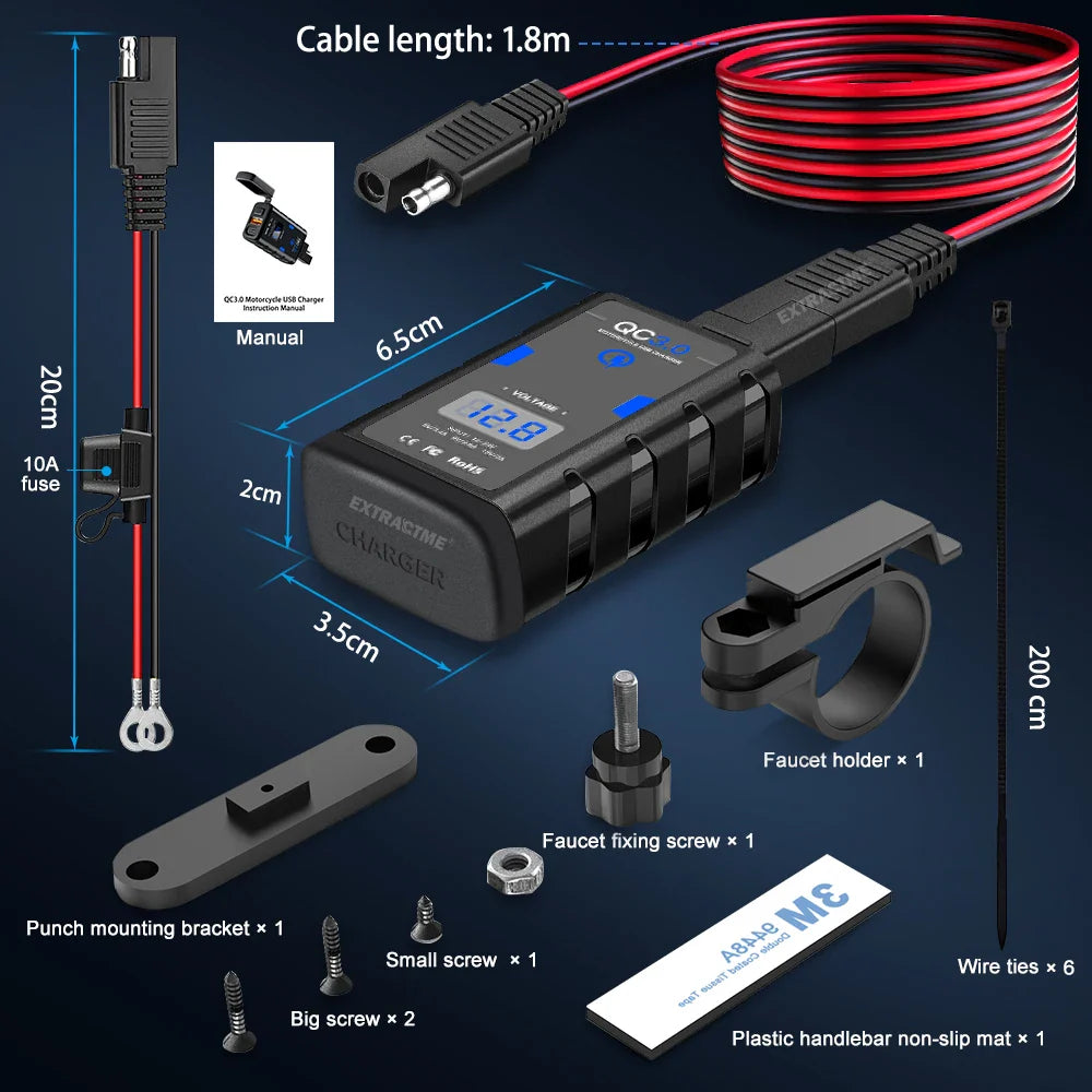 6.8A QC3.0 Motorcycle USB Charger, Waterproof 12V Adapter with Voltmeter & Switch