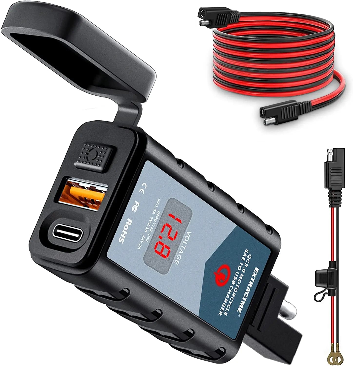 6.8A QC3.0 Motorcycle USB Charger, Waterproof 12V Adapter with Voltmeter & Switch