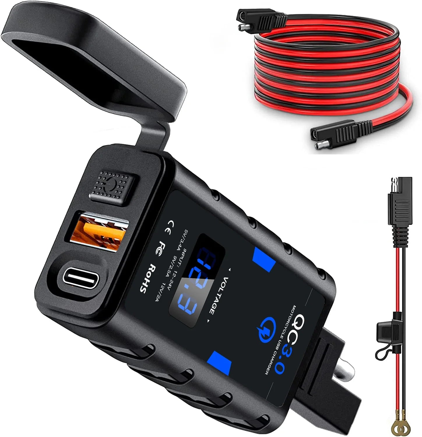 6.8A QC3.0 Motorcycle USB Charger, Waterproof 12V Adapter with Voltmeter & Switch