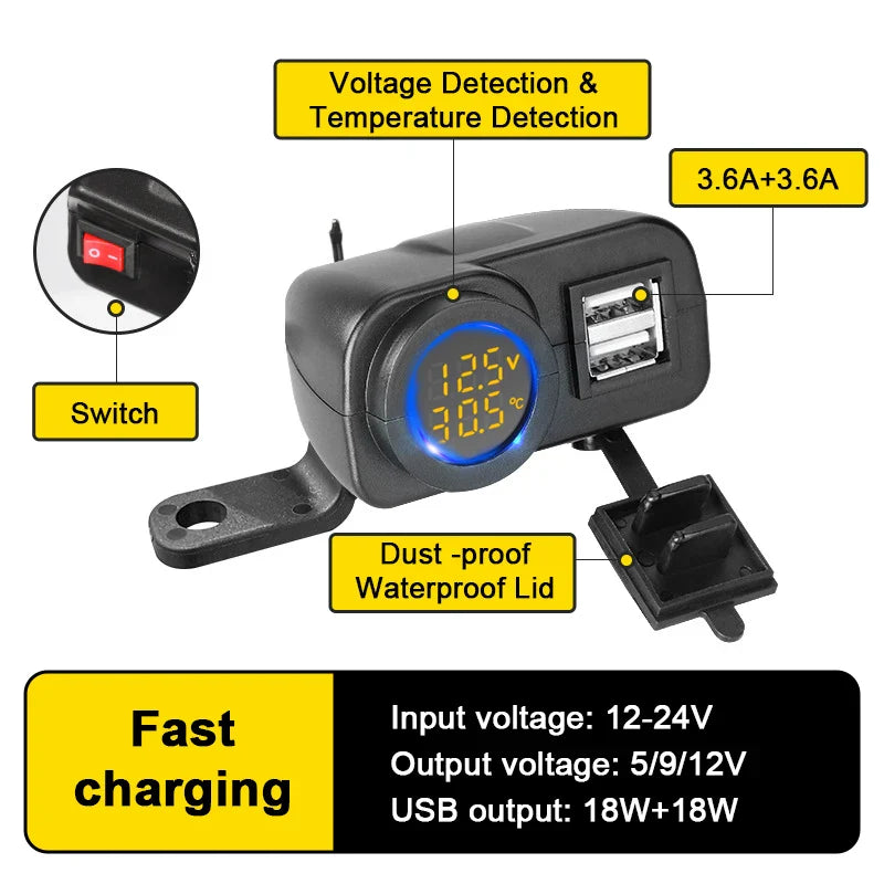 QC3.0 Motorcycle Dual USB Charger with Voltmeter & Thermometer, 36W Fast Charging