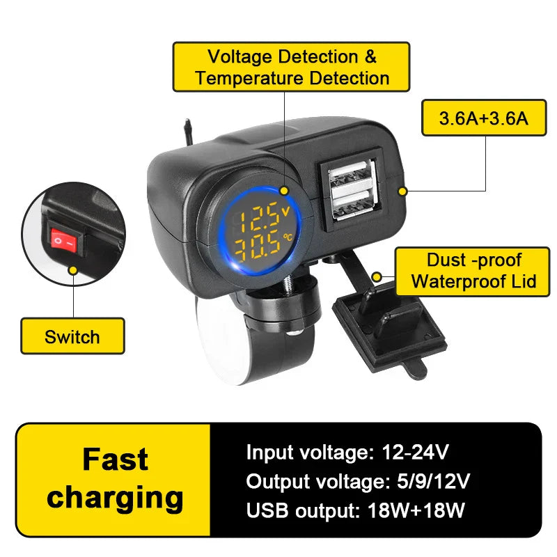 QC3.0 Motorcycle Dual USB Charger with Voltmeter & Thermometer, 36W Fast Charging