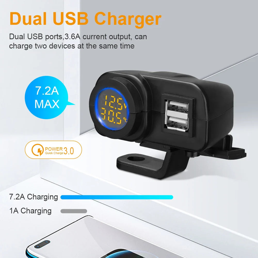 QC3.0 Motorrad-Dual-USB-Ladegerät mit Voltmeter und Thermometer, 36 W Schnellladung