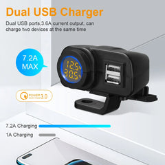 QC3.0 Motorcycle Dual USB Charger with Voltmeter & Thermometer, 36W Fast Charging