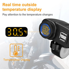 QC3.0 Motorcycle Dual USB Charger with Voltmeter & Thermometer, 36W Fast Charging