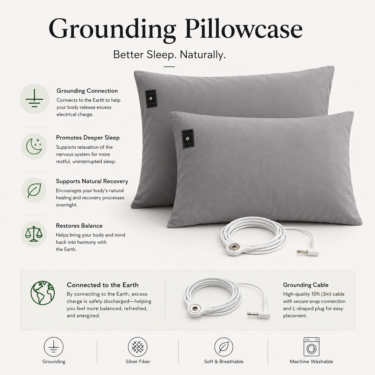 7HealthWell | EarthSc™ Grounding Pillowcase (Gray/White) - For Restful Sleep & Everyday Calm