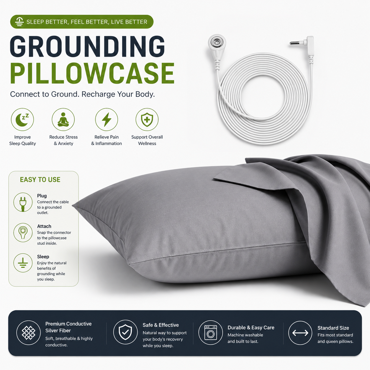 7HealthWell | EarthSc™ Grounding Pillowcase (Gray/White) - For Restful Sleep & Everyday Calm