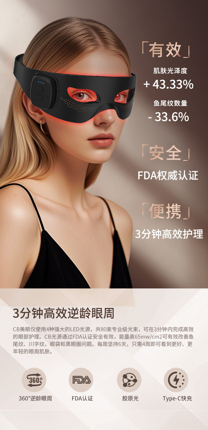 Wireless LED Red Light Eye Mask with EMS Microcurrent – Rechargeable Eye Care Device