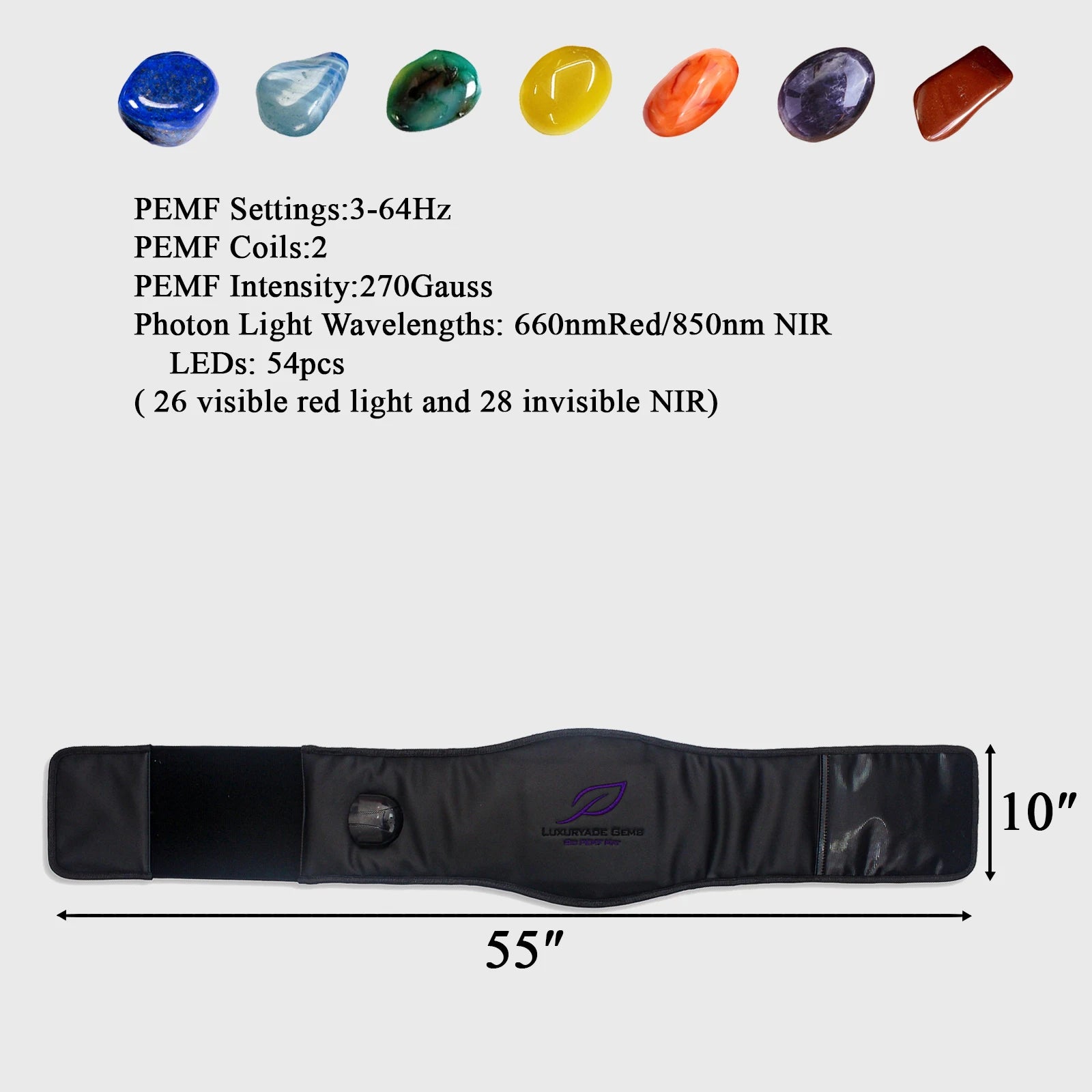 PEMF Infrared Waist Wrap Belt 24x140cm | Amethyst & 8 Crystal Gemstones | 54-LED Red Light 660nm/850nm | Heating Back Massage Belt
