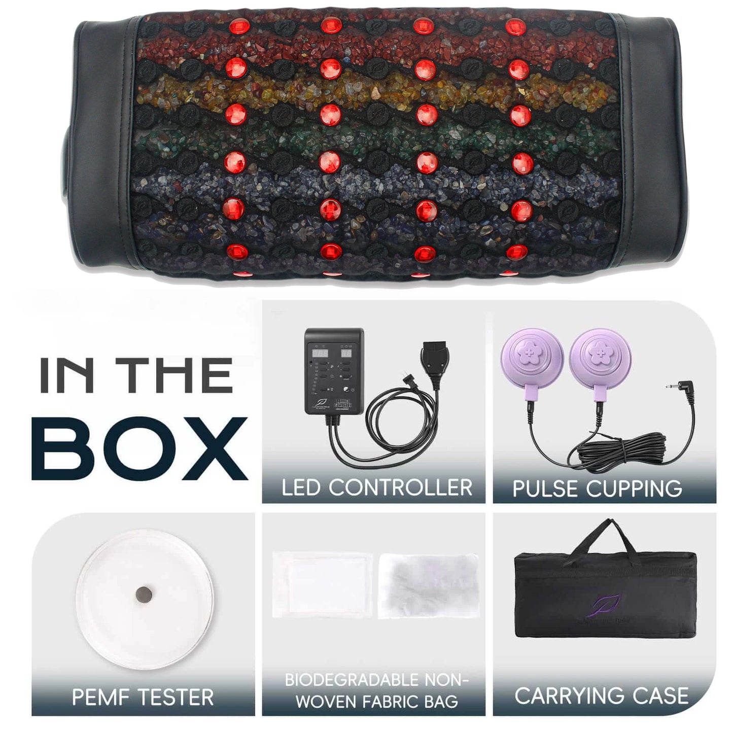 PEMF Infrared Therapy Pillow 50x20x10cm | Amethyst 7-Crystal Gemstones | 28-LED Red Light | 1 PEMF Coil | Neck & Head Massage Pillow